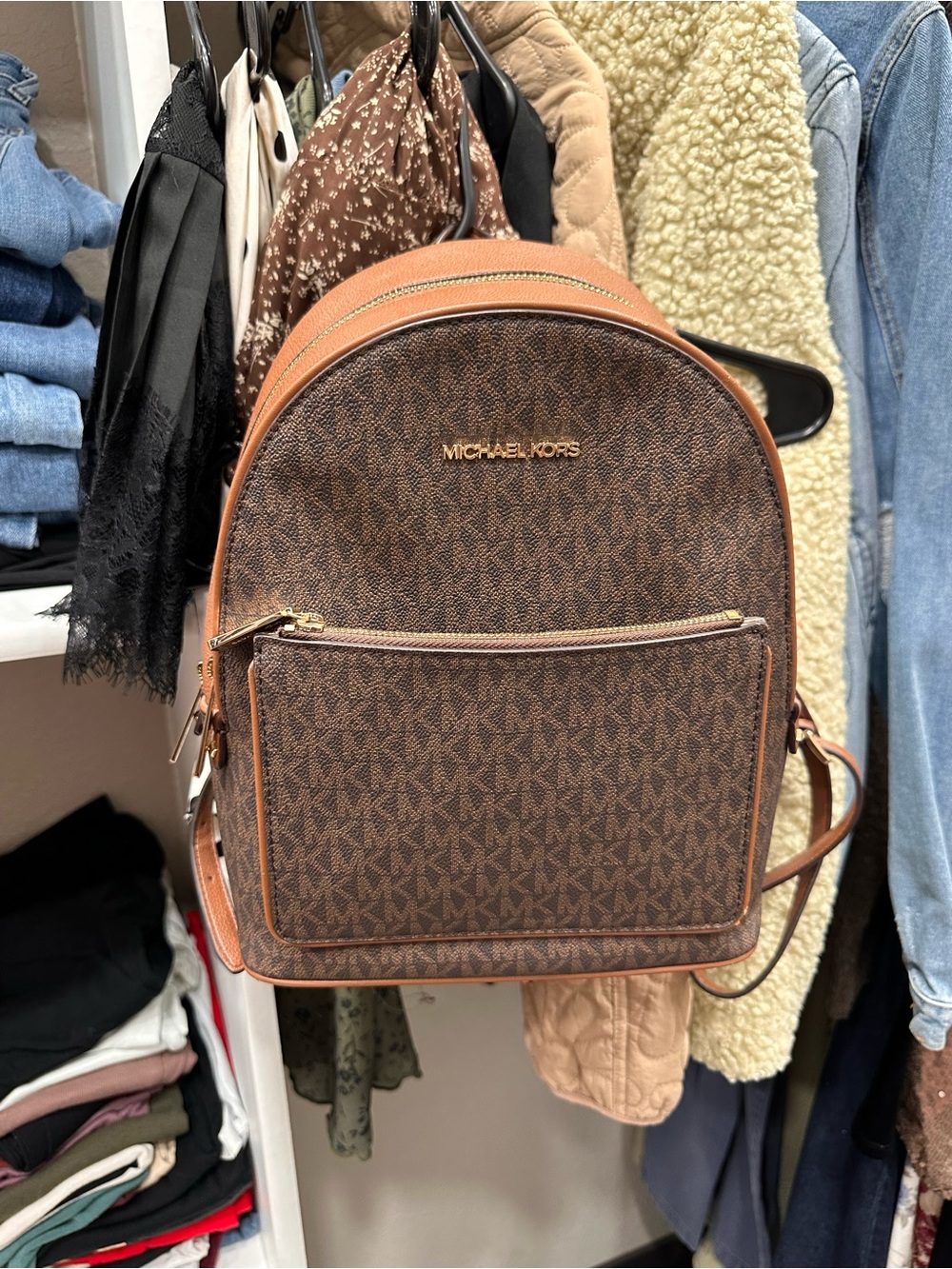 Michael Kors Brown Signature Logo Backpack with Tan Trim